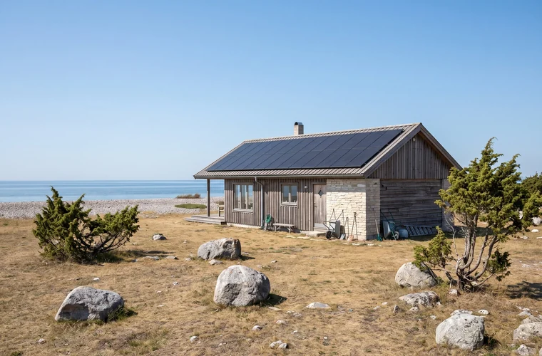 Hus vid Kalmarkusten med solceller på taket, öppet läge och havet i bakgrunden